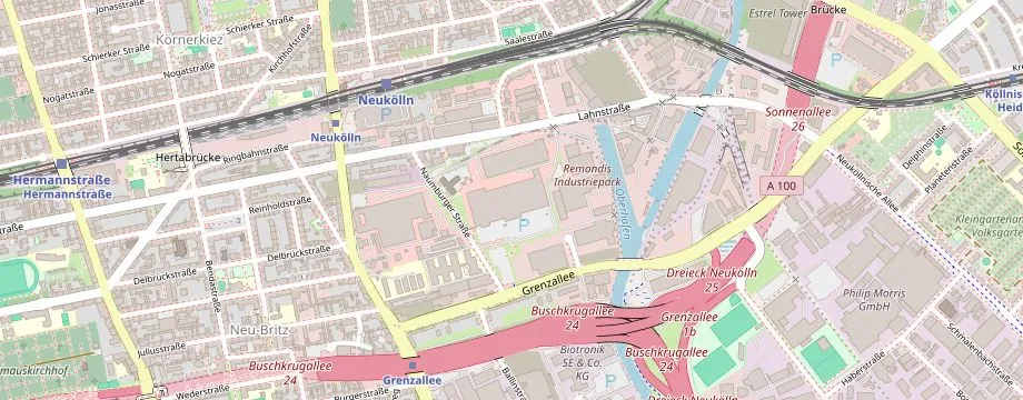 Karte mit der Lage des OBI Markt Berlin, Grenzallee/Naumburger Str. 33, 12057 Berlin