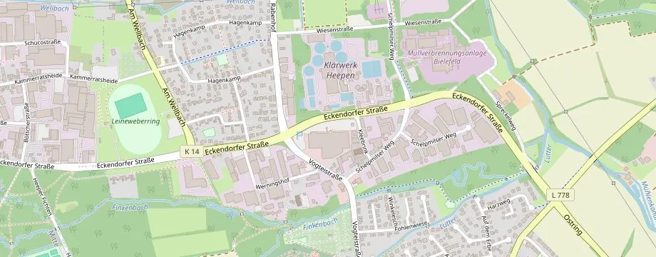 Karte mit der Lage des OBI Markt Bielefeld, Eckendorfer Str. 222, 33609 Bielefeld