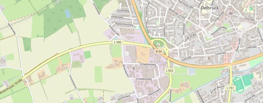 Karte mit der Lage des OBI Markt Delbrück, Bösendamm 1, 33129 Delbrück