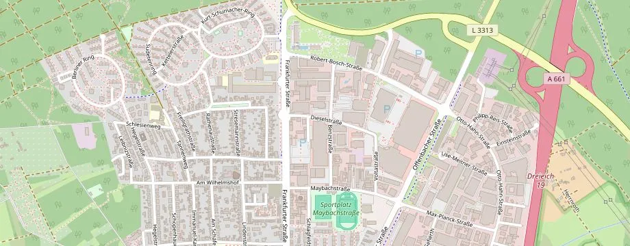 Karte mit der Lage des OBI Markt Dreieich, Frankfurter Str. 127, 63303 Dreieich
