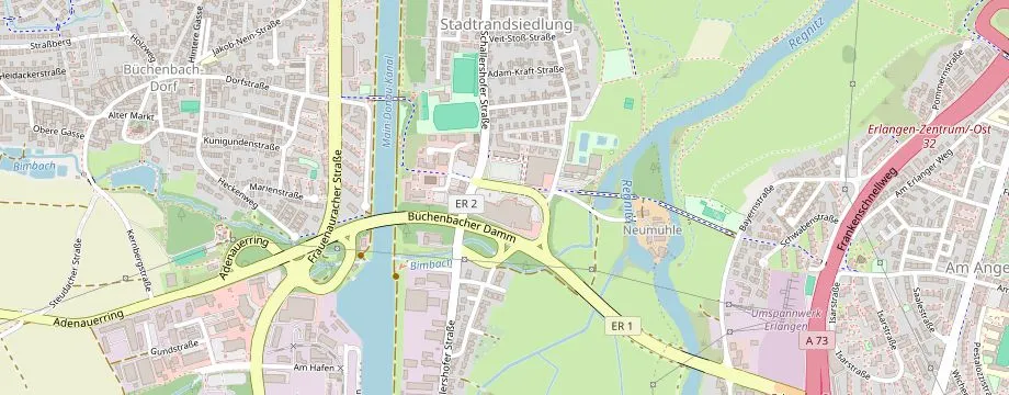Karte mit der Lage des OBI Markt Erlangen Mitte West, Neumühle 1, 91056 Erlangen