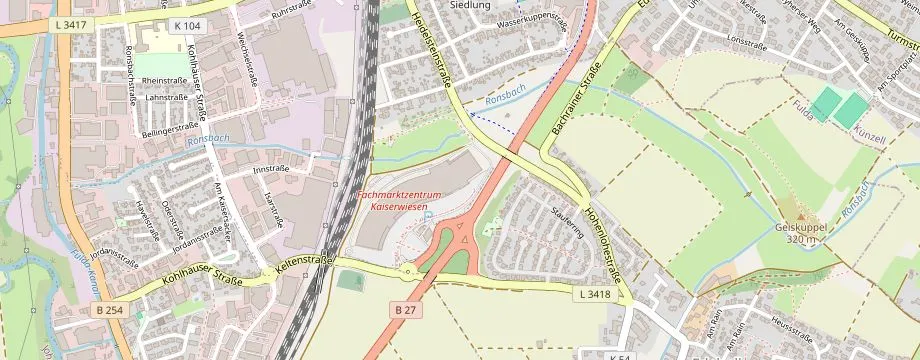 Karte mit der Lage des OBI Markt Fulda, Keltenstraße 20, 36043 Fulda