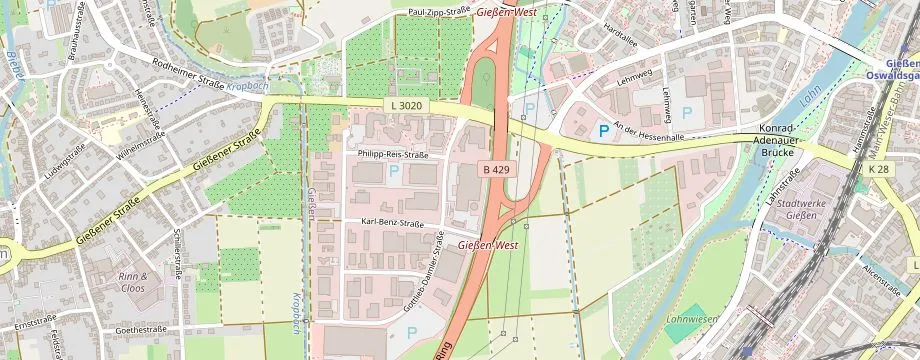 Karte mit der Lage des OBI Markt Gießen Mitte West, Gottlieb-Daimler-Str. 5, 35398 Gießen