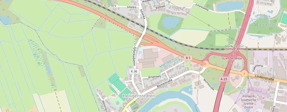 Karte mit der Lage des OBI Markt Heiligenstedten, Juliankadamm 20, 25524 Heiligenstedten