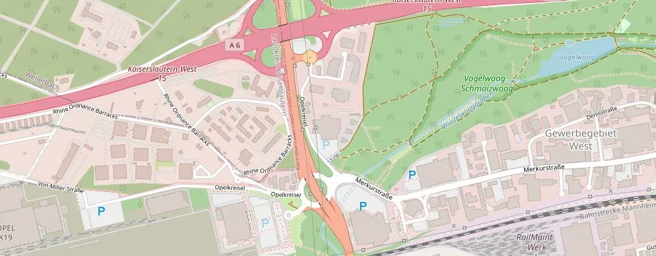 Karte mit der Lage des OBI Markt Kaiserslautern, Am Opelkreisel 16, 67663 Kaiserslautern