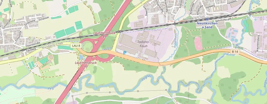 Karte mit der Lage des OBI Markt Lauf, Faunberg 1, 91207 Lauf