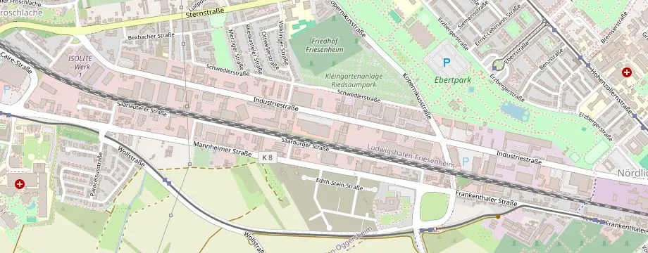 Karte mit der Lage des OBI Markt Ludwigshafen, Industriestr 45-49, 67063 Ludwigshafen