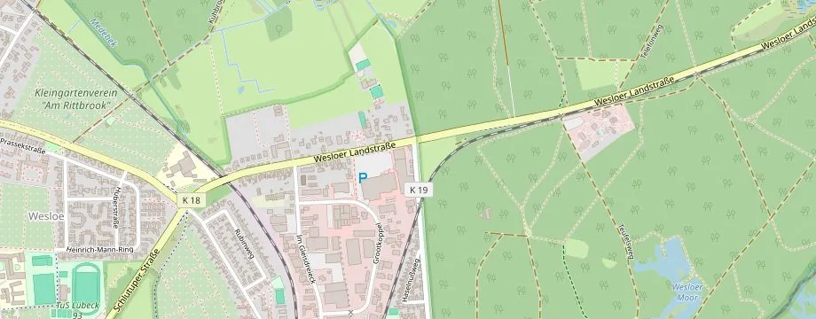 Karte mit der Lage des OBI Markt Lübeck, Wesloer Landstr. 72-74, 23566 Lübeck