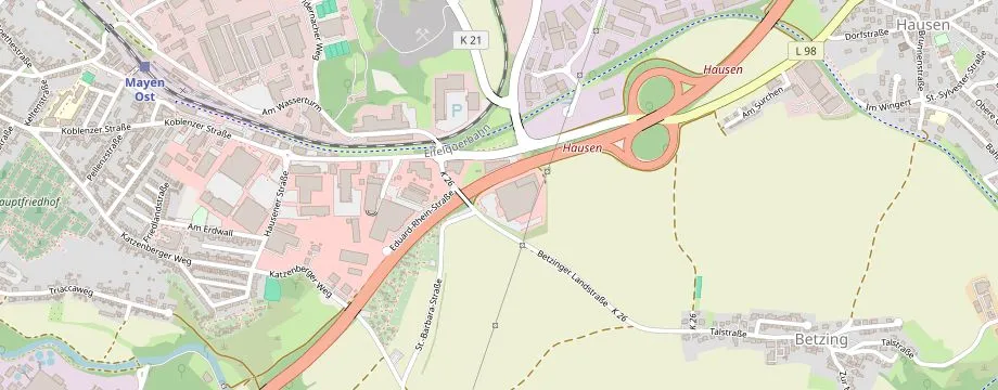 Karte mit der Lage des OBI Markt Mayen, Betzinger Landstraße 1, 56727 Mayen