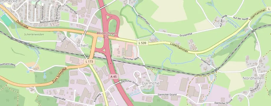 Karte mit der Lage des OBI Markt Meinerzhagen, Darmcher Weg 1, 58540 Meinerzhagen