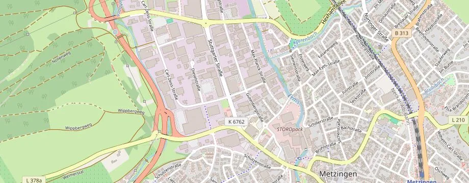 Karte mit der Lage des OBI Markt Metzingen, Senefelder Straße 1-3, 72555 Metzingen