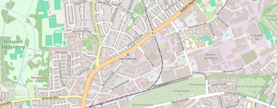 Karte mit der Lage des OBI Markt Nürnberg Aeussere Bayreuther Strasse, Äußere Bayreuther Straße 220, 90411 Nürnberg