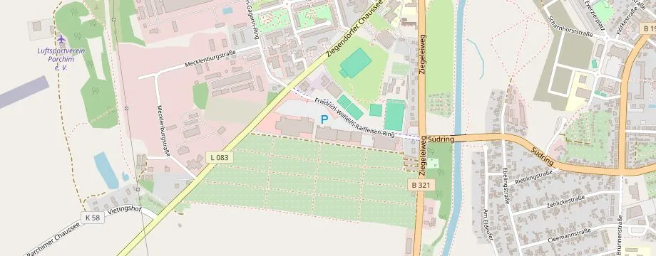 Karte mit der Lage des OBI Markt Parchim, Friedr.-Wilh.-Raiffeisenring 5, 19370 Parchim