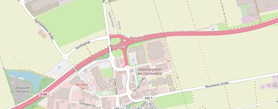 Karte mit der Lage des OBI Markt Parsdorf, Taxetstr. 1, 85599 Parsdorf