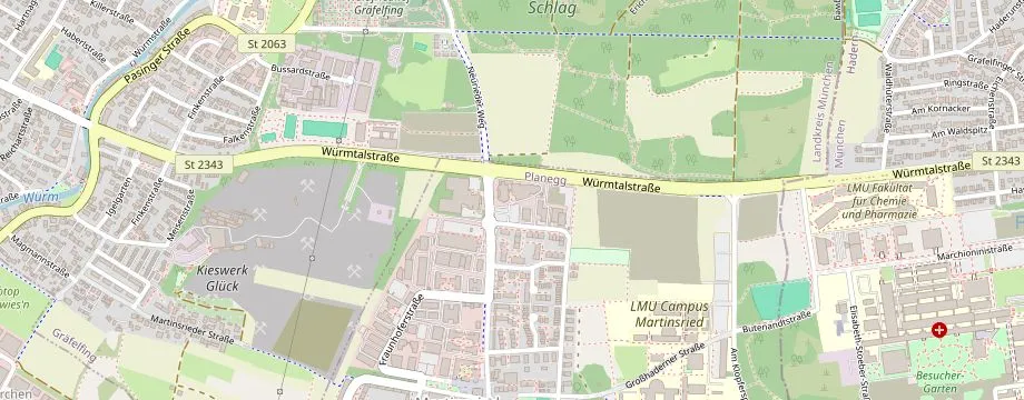 Karte mit der Lage des OBI Markt Planegg, Lena-Christ-Str. 54, 82152 Planegg