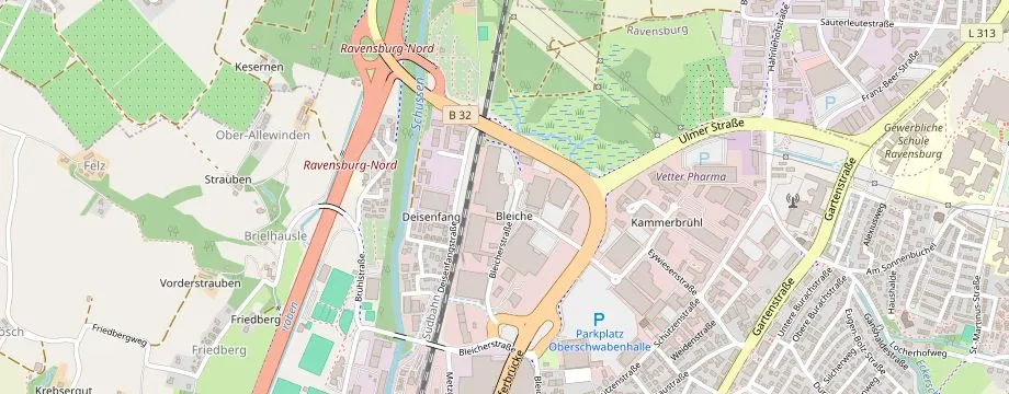 Karte mit der Lage des OBI Markt Ravensburg, Bleicherstr. 45, 88212 Ravensburg