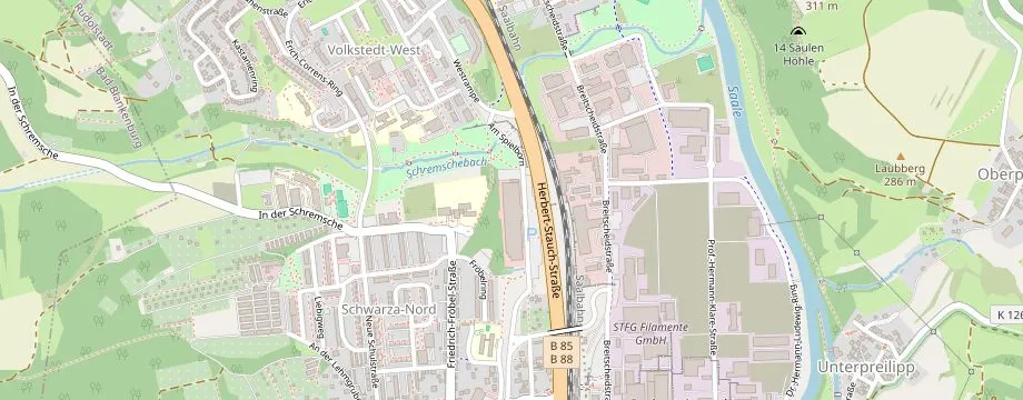 Karte mit der Lage des OBI Markt Rudolstadt, Am Spielborn 2, 07407 Rudolstadt
