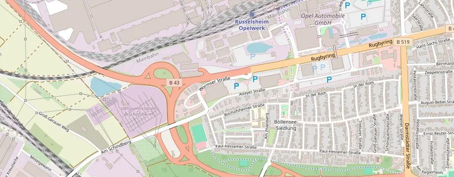 Karte mit der Lage des OBI Markt Rüsselsheim, Alzeyer Str. 13, 65428 Rüsselsheim