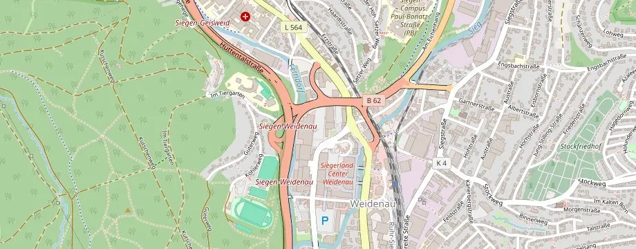 Karte mit der Lage des OBI Markt Siegen, Weidenauer Str. 140, 57076 Siegen