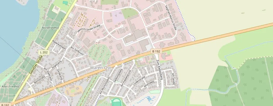 Karte mit der Lage des OBI Markt Waren (Müritz), Friedrich-Wilhelm-Raiffeisen-Straße 3, 17192 Waren (Müritz)