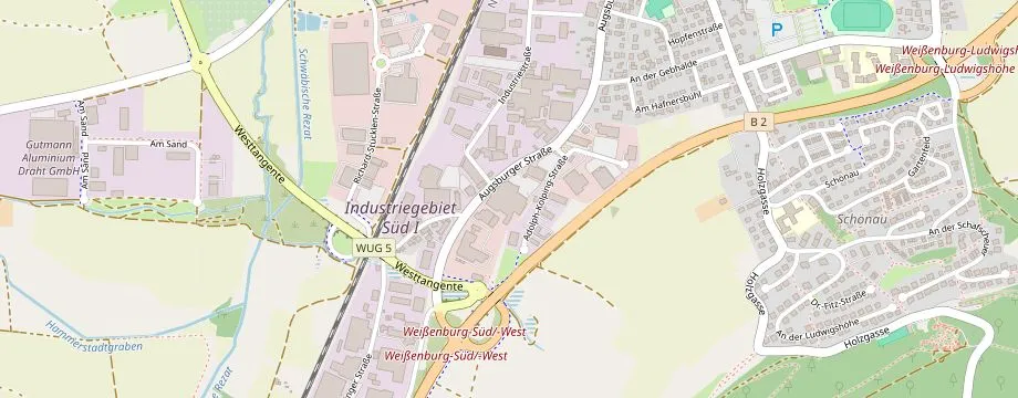 Karte mit der Lage des OBI Markt Weißenburg, Augsburger Str. 69, 91781 Weißenburg