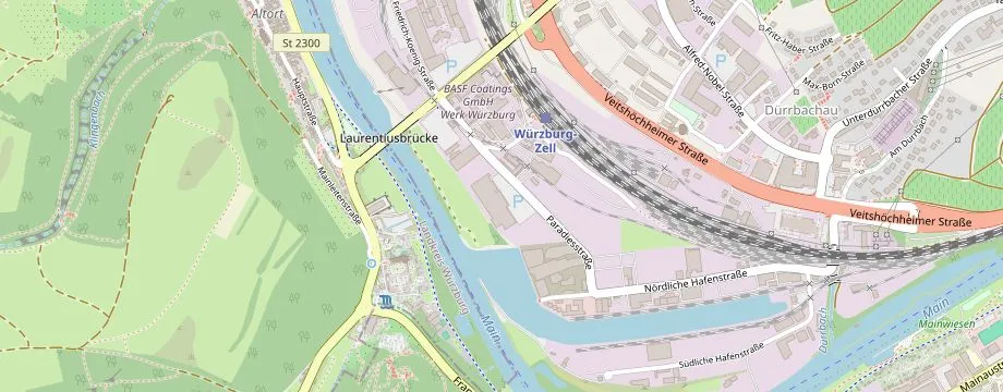 Karte mit der Lage des OBI Markt Würzburg Hafen, Paradiesstr. 5, 97080 Würzburg