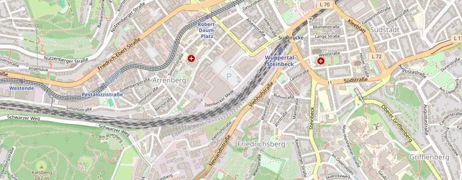 Karte mit der Lage des OBI Markt Wuppertal, Steinbecker Meile 10, 42103 Wuppertal